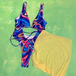 Rave / festival retro swirl psychedelic bodysuit & mesh skirt-Size Small